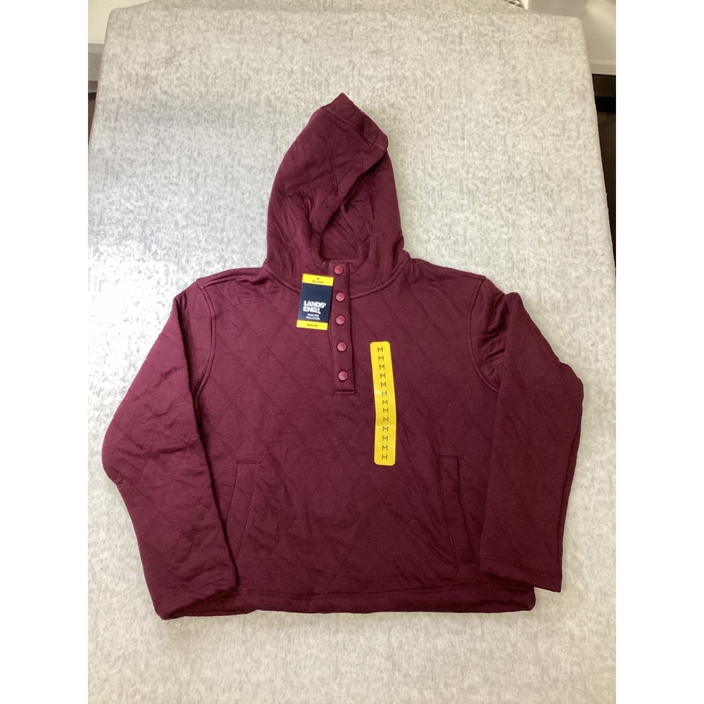 Lands End Women Quilted Pullover Hoodie Burgundy Snap Neck Sweatshirt Medium NWT